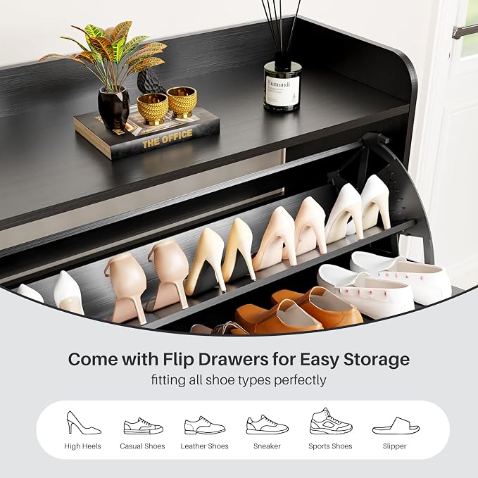 YZ HOME Shoe Storage Cabinet with 2 Flip Drawers | Entryway Shoe Cabinet, Metal Hooks & Adjustable Shelves, Freestanding Narrow Shoe Rack for Hallway Foyer, Black