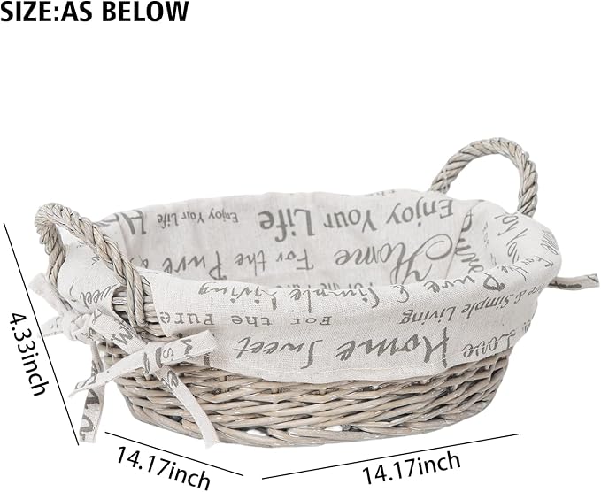 Round Wicker Storage Basket, Natural Handwoven Willow Rattan Basket with Cloth Liner & Sturdy Handles, Farmhouse Decor Bread Fruit Organizer for Kitchen Counter, Pantry