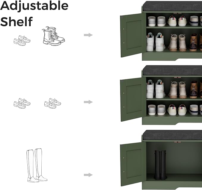 Homleke Shoe Storage Bench, 4 Doors & Thickened Padded Seat Cushion | 2-Tier Shoe Bench, Entryway Bench, Adjustable Shelf, 13.8" D x 45.3" W x 18.5" H, for Living Room, Bedroom, Green