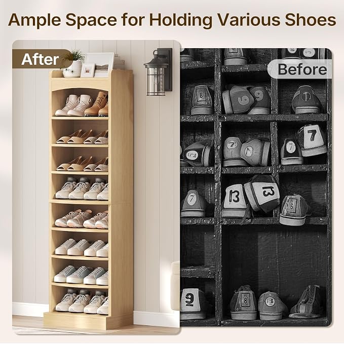 9-Tier Tall Shoe Rack, Wooden Shoe Storage Organizer, Narrow Shoe Cabinet with Removable Shelves for Small Spaces, Holds 18 Pairs of Shoes, for Entrance, Hallway, Natural SS22NL