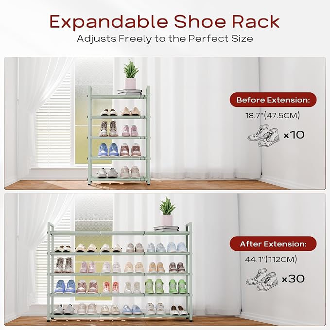 Bumusty 5 Tier Long Expandable Shoe Rack for Closet, Green | 18"-44" Adjustable Shoe Rack for Entryway, Shoe Organizer for Dorm, Front Door, Sturdy Metal