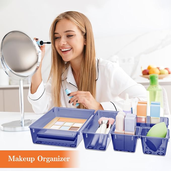 SpaceHacks 25 PCS Plastic Drawer Organizer Set, 4-Size Versatile Organizer Trays & storage Bins for Makeup, Jewelry, and Gadgets in Bathroom, Bedroom and Office,Dark Blue