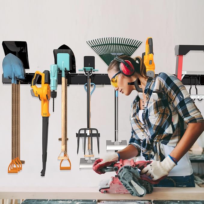 Garage Wall Organizer, Heavy Duty Tool Hangers for Garage Wall with 6 Double Hooks & 2 Rails, Tool Organizer Wall Mount, Garage Hanging Storage Rack for Shovel, Rake, Broom and Ski Gear