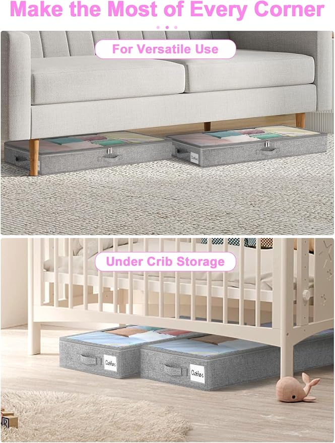 punemi 4 inch High Soft Low Profile Under Bed Storage Bins, 2 Pack, Grey | Foldable Clothes Storage Bag with Zippers & Clear Top, Shallow Design for Under Cabinet, Sofa, Crib & Bed Storage