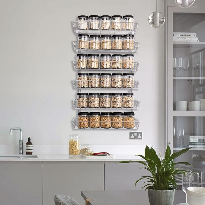 SWOMMOLY Wall Mount Spice Rack Organizer, 6-Tier Adjustable Dual-Use Shelf | Hanging Spice Rack Organizer, Kitchen Pantry Cabinet Storage Holder for Spices, Mason Jars, Bottles & Cans, Silver