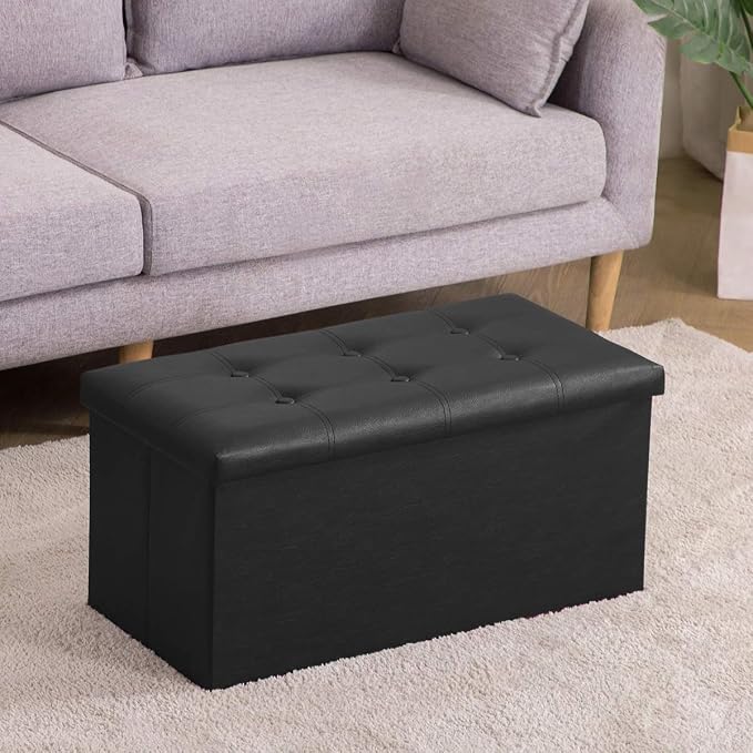 Youdesure 30" Ottoman with Storage, Folding Faux Leather Bench, Black | Foldable ottoman with hidden storage, padded seat and sturdy MDF frame for everyday use.
