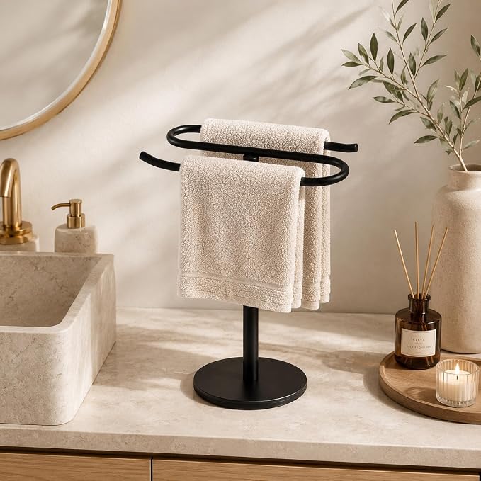 Matte Black Hand Towel Holder Stand,13 Inch Free-Standing Towel Rack, SUS304 Stainless Steel Towel Bar Rack Stand, Tower Bar for Bathroom Kitchen Vanity Countertop…