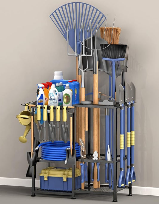 Garden Tool Organizer, Metal Yard Tool Organizer,Holds 70 Long-Handled Tools/Rakes/Brooms,Side Garden Pocket,Heavy Duty Steel Yard Tool Storage Rack for Garage,Shed, Outdoor(Black-Large)