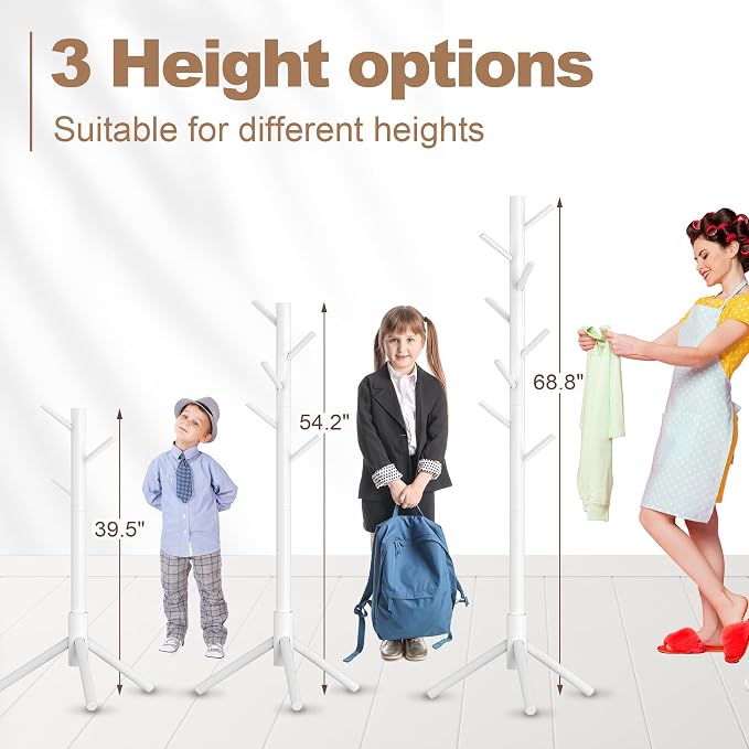Aliphon Wooden Coat Rack Stand, Freestanding Coat Rack with 8 Hooks, 3 Adjustable Size Coat Tree for Hats, Coats, Scarves bags, Coat Hanger Stand Used in Bedroom/Office/Entryway （White）