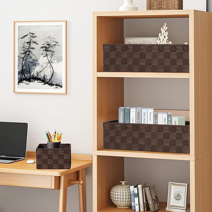 Drawer Organizer, Cube Baskets for Storage Shelves, Handmade Small Woven Basket, Shallow Storage Bins for Organizing Desk, Dresser, Kitchen, Pantry, Nested 7 Pack, Brown