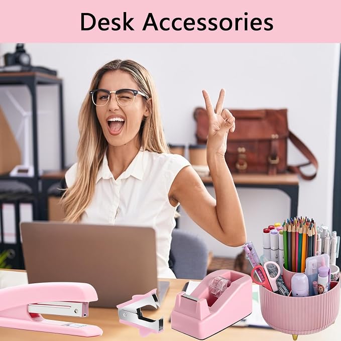 Office Supplies,Pink Desk Accessories,Desk Organizer,Stapler,Tape Dispenser,Folding Phone Stand,Scissors,Notebook,Staple Remover,Staples,Clear Tape,Sticky Notes,Clips,Cool Pen,Bookmark,Ect.22pcs