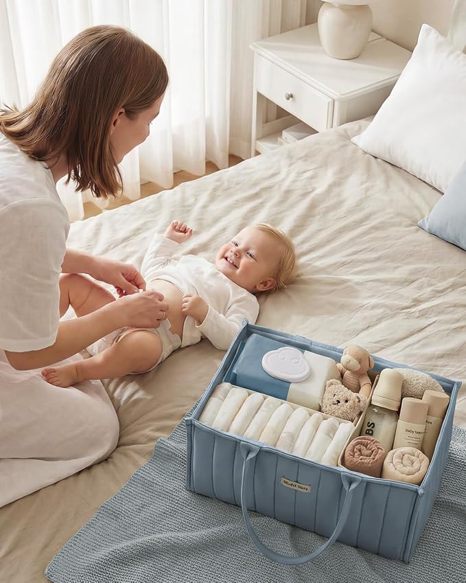 Blissful Diary Baby Diaper Caddy Organizer, Stylish Storage Basket for Newborn Essentials and Diaper Station, Gift for Baby Shower and Registry Must-Have, Dusty Blue
