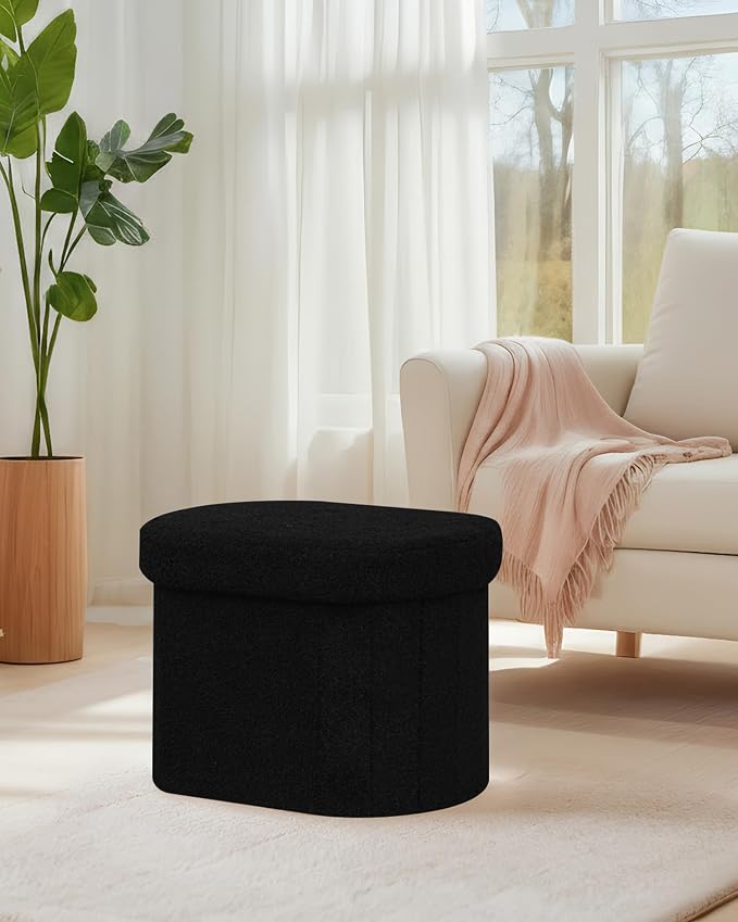 B FSOBEIIALEO Storage Ottoman for Dorm Room, Boucle Folding Storage Ottoman Foot Rest, 16.14 Inches Small Collapsible Ottoman Cube for Living Room Black