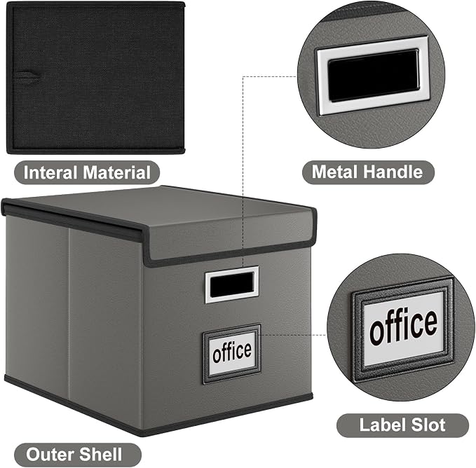 File Organizer Box with Lids, Collapsible File Folder Organizer | File Box with Plastic Slides for Document, Filing Bin for Letter Size Hanging File Folders (2 Pack, Dark Gray, Leather)