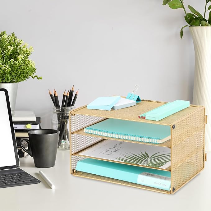 Paper Organizer Tray, 3 Tier Mesh Desk File Organizer Letter Sorter Holder for Home Office, Gold