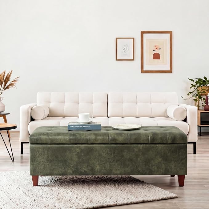 Joveco Storage Ottoman Bench, 51 Inch Tufted Leather Rectangle Bench for End Foot of Bed, Bedroom, Living Room, Deep Green