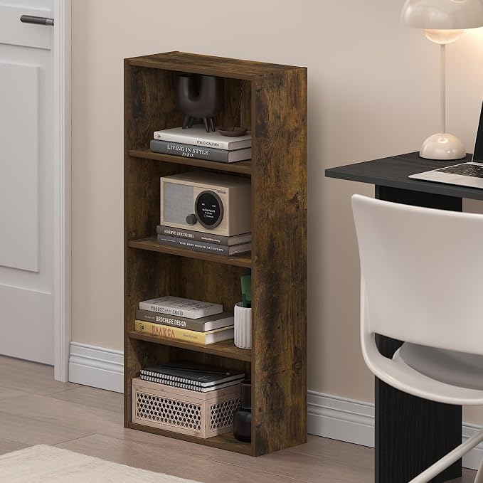 Furinno Basic Book Shelf, 4-Tier Bookcase with Open Shelf, Bookshelf, Cube Storage Organizer, 7 x 17 x 35, for Living Room, Bedroom, Home Office, Amber Pine