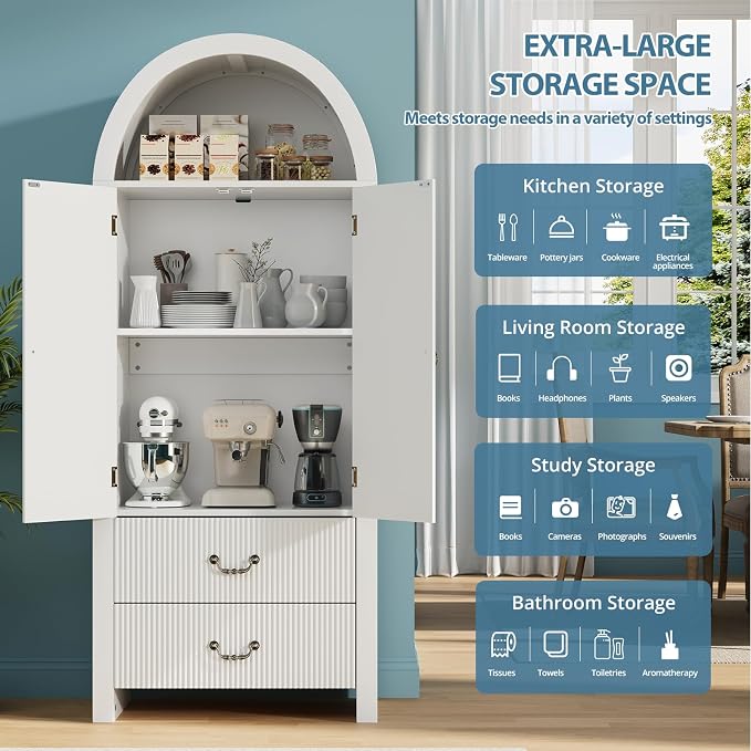 FURSUN 71" Arched Storage Cabinet with Fluted Doors, Tall Wood Pantry Cabinet with Drawers & Adjustable Shelves, Modern Coffee Bar Cabinet, White