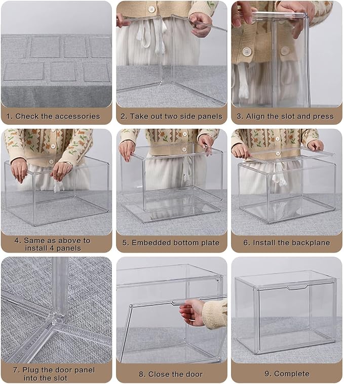 GUDEMAY Clear Stackable Plastic Storage Bins with Magnetic Lid, Dustproof Book & Cosmetic Display Cases, Large Figures Collectibles Showcase, Shoe Box, Protection Organizer (L, Count, 5)
