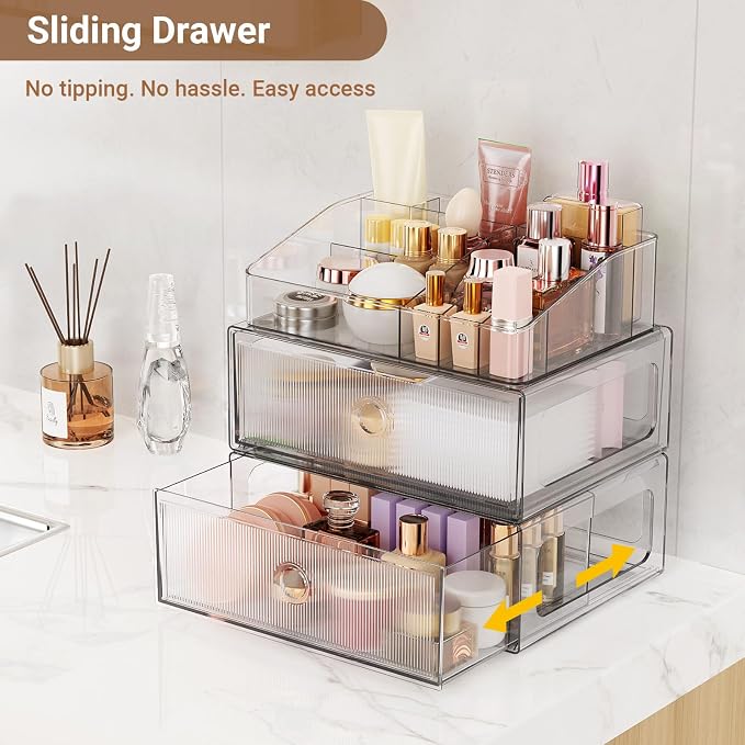 3 Tier Clear Makeup Organizer with Drawer, PET Cosmetic Storage for Dresser, Countertop & Bathroom Vanity, Holders for Lipstick, Brushes, Skincare & Beauty Supplies