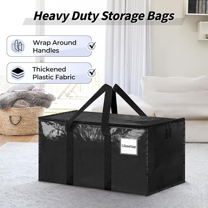 8 Pack Extra Large Clothes Storage Bins with Lids, Storage Bags with Reinforced Handles & Heavy-Duty Zippers, Moving Bags, Moving Boxes Totes for Clothes Packing, Dorms, College Supplies, Black