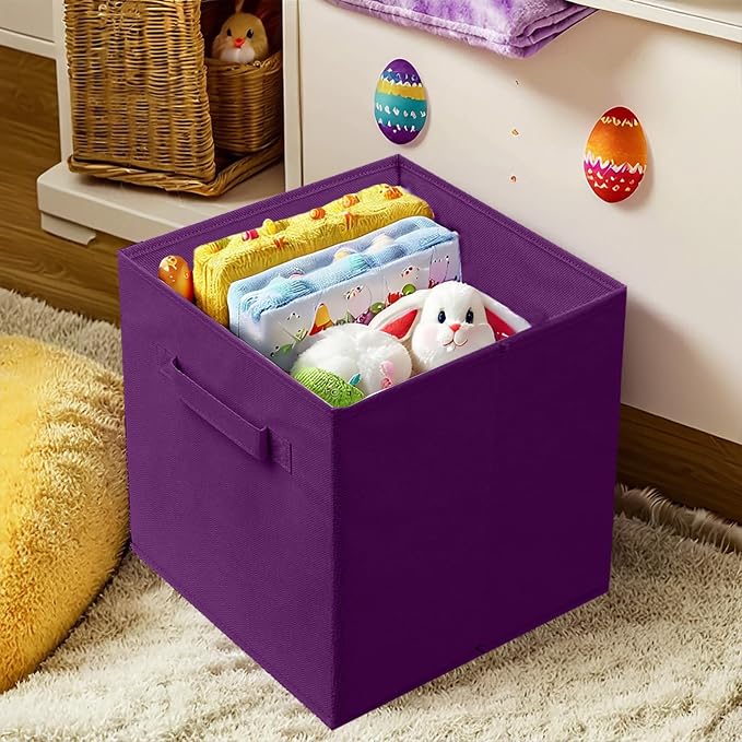 PowerKing Collapsible Storage Cubes, Farbic Storage Bins, DarkPurple, 6Pack | Sturdy, Lightweight, Easy Pull Handle, Closet & Shelf Organizer, Clothes and Toys Storage, 10.5'' x 11'' x 10.5''