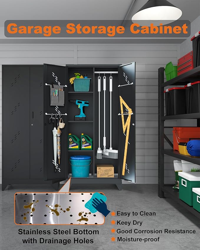 71" Metal Storage Cabinet with Lock, Stainless Steel Bottom, Black | Garage Storage Cabinets with Hanging Rod & S-Hooks, Utility Broom Closet for Laundry Room, Home Office