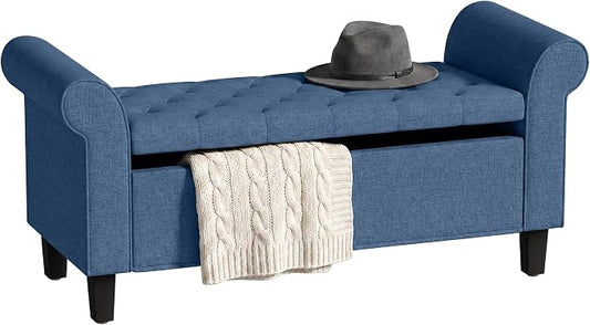 HOMCOM 47" Ottoman wih Storage End of Bed Bench with Rolled Arms Blue | Long Ottoman with Storage Chest, Safety Hinge, Wooden Legs, Upholstered End of Bed Bench, Bedroom Entryway Living Room
