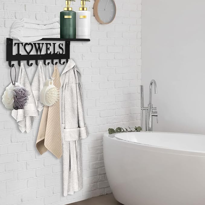 IBosins Towel Rack with Metal Shelf Bathroom Towel Holder 8 Hooks Black | 16-Inch Towel Hanger Wall Mounted Robes, Clothes, Towels Organizer for Bathroom, Hot Tub, Kitchen, Bedroom, Home