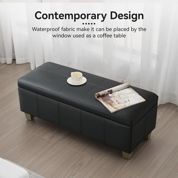 WUTUTUEE 41" Faux Leather Storage Ottoman, Stitch Tufted Rectangle Upholstered End of Bed Storage Bench, Entryway Large Couch Ottoman with Wooden Legs, Dark Black