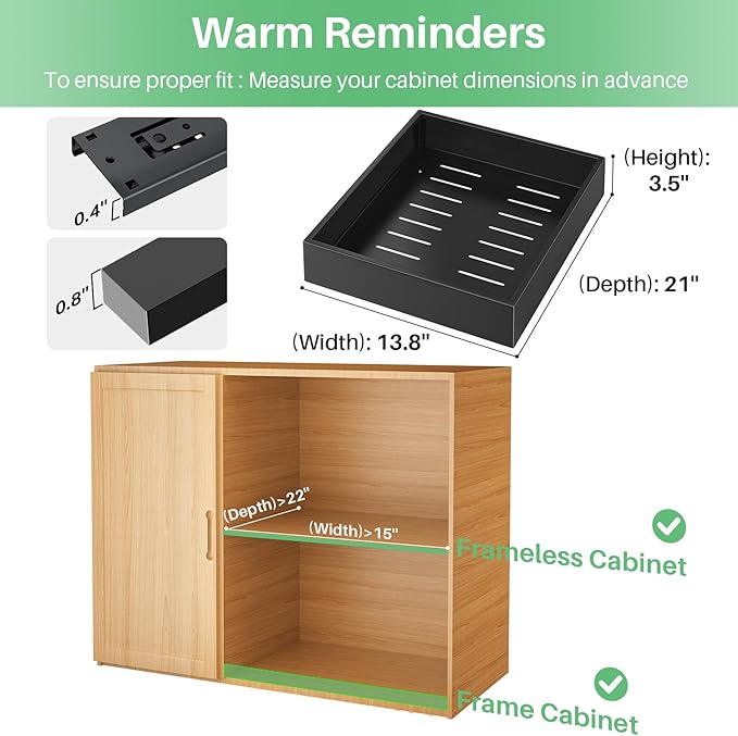 4 Pack Pull out Cabinet Organizer, 21"Deep, Heavy Duty Full-extension Slide out Drawers for Kitchen Cabinet, Roll out Shelf Storage with Nano Adhesive for Pots, Bathroom, Pantry, Home, Black