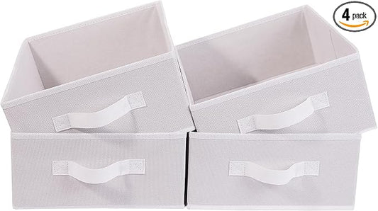 JAKAGO Fabric Storage Bins set of 4 Rectangle Storage Baskets with Handle Foldable Closet Organizer for Clothes Towel bedding Books Collapsible Clothing Container for Shelves Bedroom(White Low)