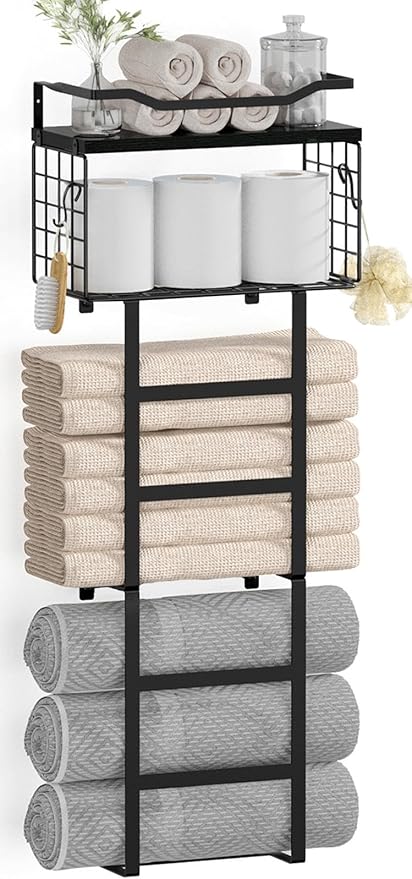 Towel Racks for Bathroom Black, 34IN Rolled Towel Holder, Towel Rack Wall Mounted with 2 Pack Shelf and a Wire Basket, Bathroom Towel Storage and Organizer, Sturdy Metal & Wood
