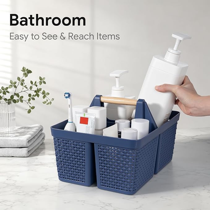 UUJOLY Portable Plastic Shower Caddy Basket with Wooden Handle, Dark Blue | Divided Storage Organizer Tote for Bathroom, Dorm, College, Kitchen & RV – Lightweight, Easy-Carry Essentials Caddy