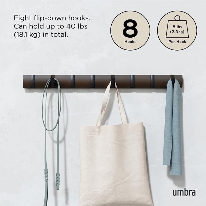 Umbra Flip Coat Rack, Wall Mount 8-Hook, Space Saving, Walnut/Black | Real wood and steel build, retractable hooks fold flat, holds coats bags and scarves, easy install
