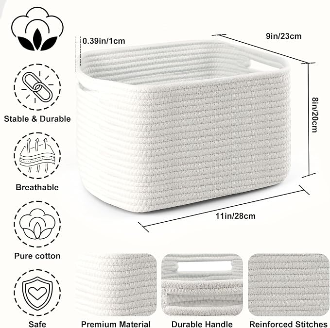4 Pack Storage Baskets for Organizing, 11''Lx9''Wx8''H Woven Baskets for Storage Toys, Towels, Books, and Clothes, Cotton Rope Basket for Shelves with Handle