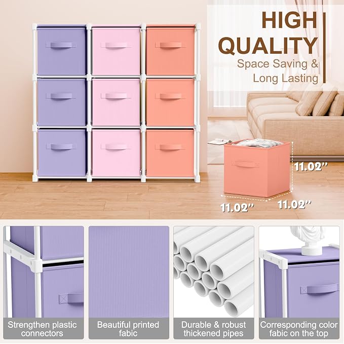 Briwooody 9 Cube Storage Organizer Storage Bins Shelf,Pink,Purple,Orange