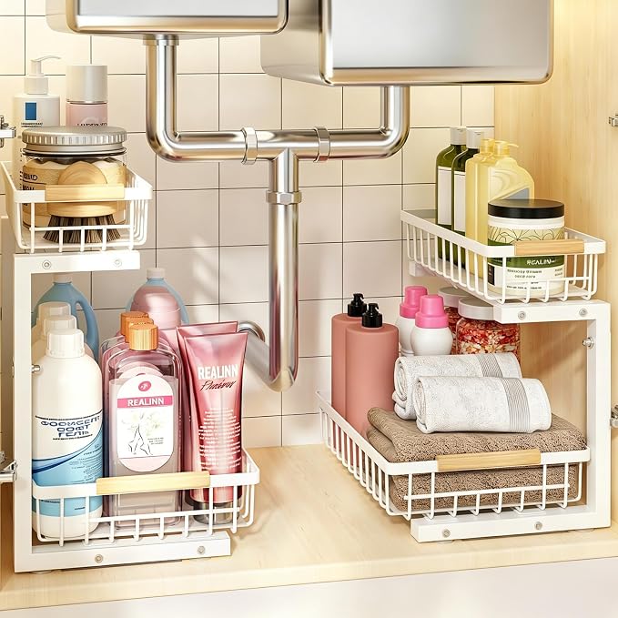 Under Sink Organizer, White 2 Pack Height Adjustable | 2 Tier Pull Out Drawer, Under Sink Organizers and Storage, Cabinet Storage for Kitchen Bathroom
