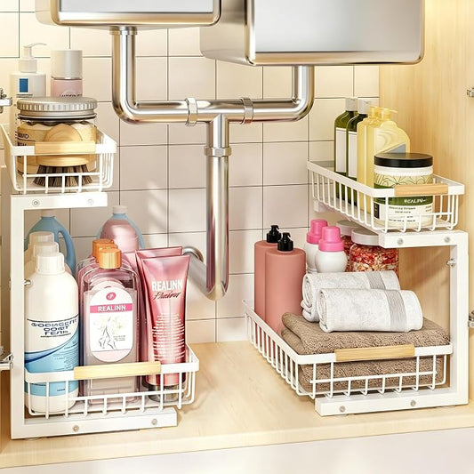 Under Sink Organizer, White 2 Pack Height Adjustable | 2 Tier Pull Out Drawer, Under Sink Organizers and Storage, Cabinet Storage for Kitchen Bathroom
