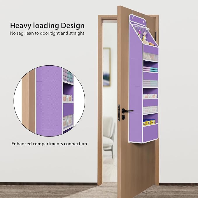Univivi Fabric Over the Door Organizer for Baby Nursery, Purple, 5-Shelf | Door Storage with Large Capacity Breathable Mesh Pockets, Over Door Hanging Organizer for Baby Essential, Bedroom, and Dorm