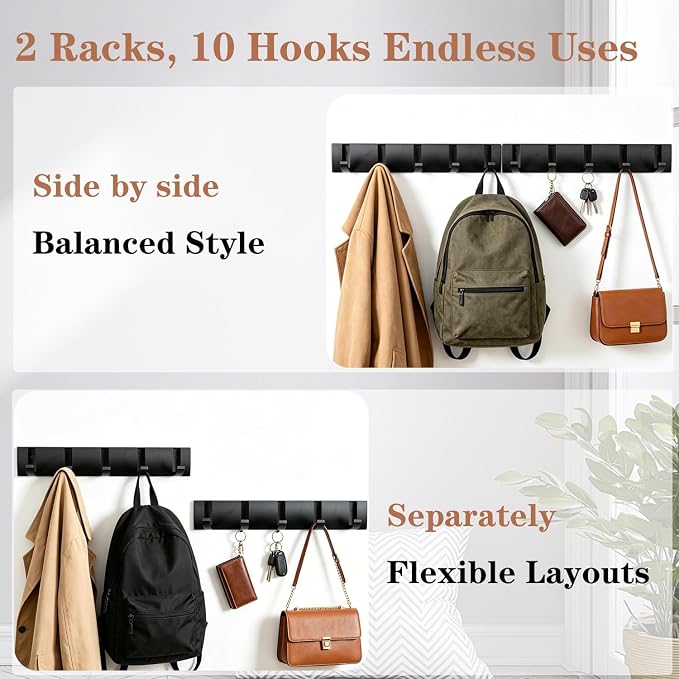 Folding Coat Hooks, Wall Mounted Coat Rack with 10 Retractable Hooks,Heavy Duty Towel Rack for Bathroom Wall Hook for Hanging Clothes Bathrobe, Stainless Steel Coat Hanger for Entryway(Black)