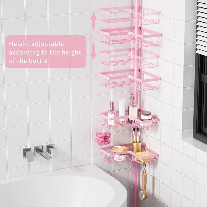 KEGII Corner Shower Caddy Tension Pole, Bathtub Shelf, Pink | 28 Hooks and 4-Tier Large Capacity Organizer, Waterproof, Stainless Steel Shower Rack Fits 25-114.2 inch Heights
