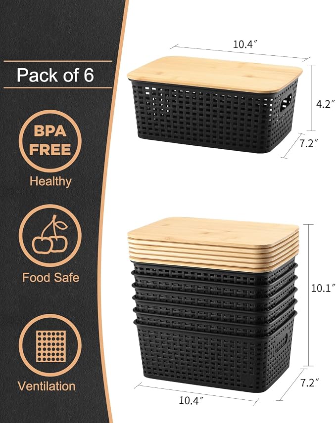 AREYZIN Storage Bins with Bamboo Lids Set of 6 Lidded Storage Container Plastic Baskets Organizer Bins for Organizing Kithen Room Bedroom Office Closet, Sturdy(Black)