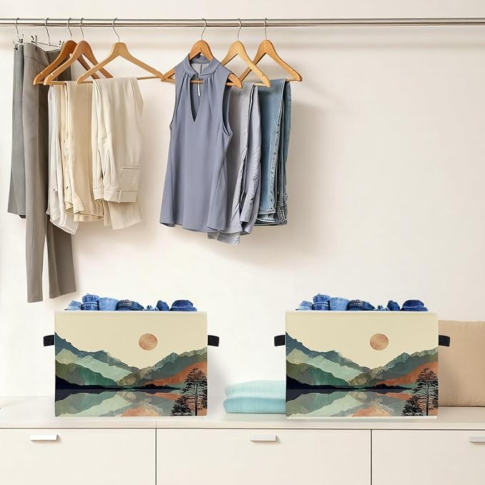 Boho Sun Mountain Forest Storage Box Bins, Mid Century Modern Abstract Boho Collapsible Storage Basket Organizer for Bedroom Laundry Room Home Clothes Books, Decor for Room