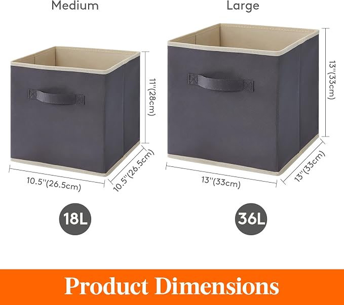 Lifewit Storage Cubes, Foldable Decorative Fabric Storage Baskets for Organizing Home Organizers with Handles for Shelves, Closet, 11 Inch Bins, 18L Gray&Black, 12 Packs