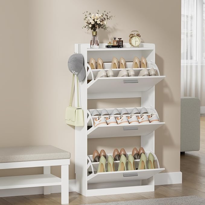 Shoe Cabinet Organizer with 3 Flip Drawers,Narrow Shoe Rack 23.6" W White | Freestanding shoe storage cabinet for entryway,foyer and hallway,slim design and space-saving flip drawers