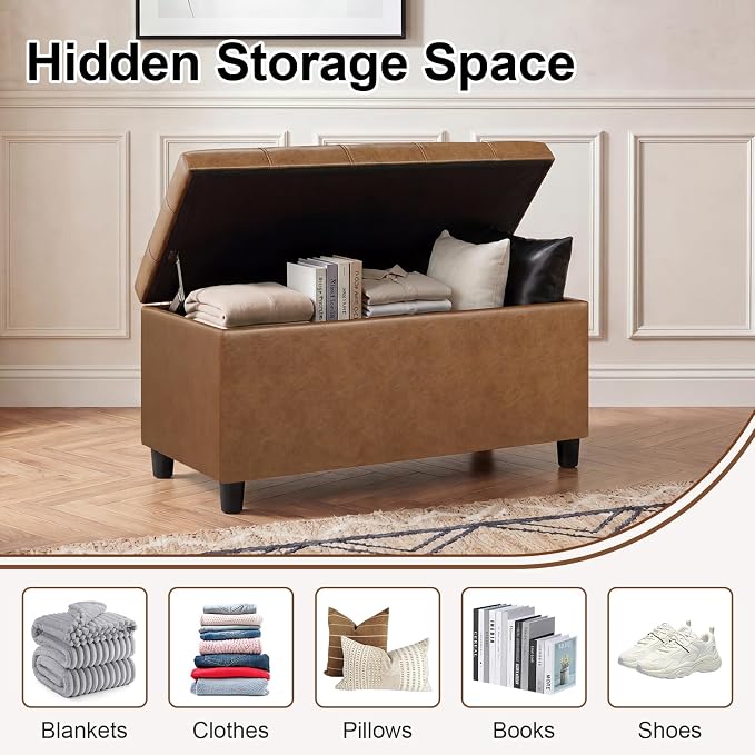 Storage Ottoman Bench,Faux Leather Upholstered Ottoman with Storage,End of Bed Bench with Safety Hinge,for Entryway,Bedroom,Living Room