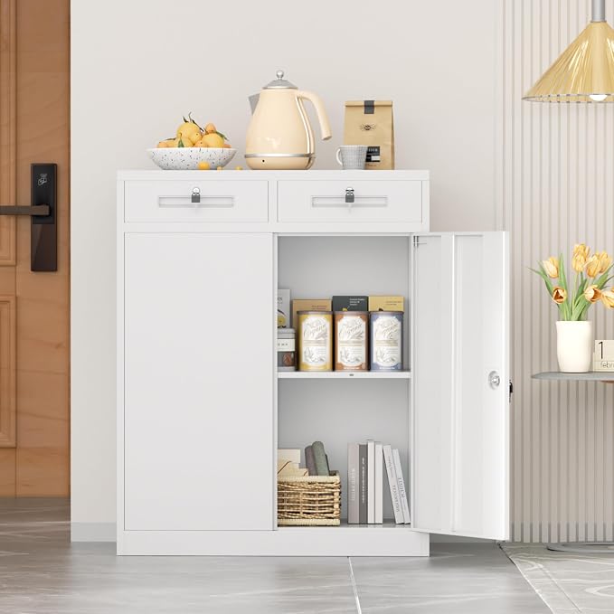 INTERGREAT Metal Garage Storage Cabinets with Lock,Steel Storage Cabinet with Drawer and 2 Adjustable Shelves, Small Lockable Office Steel Cabinet for Home, Warehouse, School, White