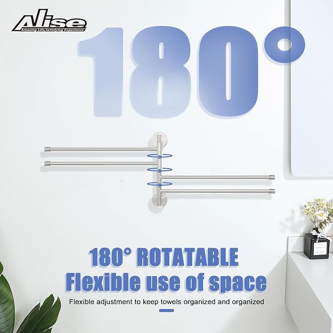 Alise 4 Arm Swivel Towel Rack, Swivel Towel Bar Brushed Nickel, 13.86 Inch | Space Saving Swing Arm Towel Rack for Bathroom Kitchen Outdoor, SUS304 Stainless Steel, 180° Rotating