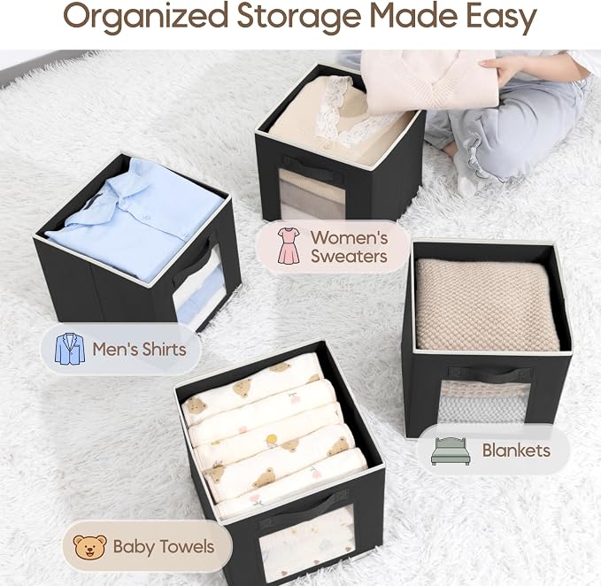 Foldable Storage Cubes - Cubby Storage Organizer with Window, Decorative Baskets for Organizing, Fabric Bins for Clothes Storage, Closet Storage Cubes-11inch, 8 Pack, Black